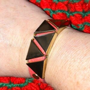 BCBG Orange Leather & Gold & Metal Statement Bracelet Double Snaps BIKER 8”